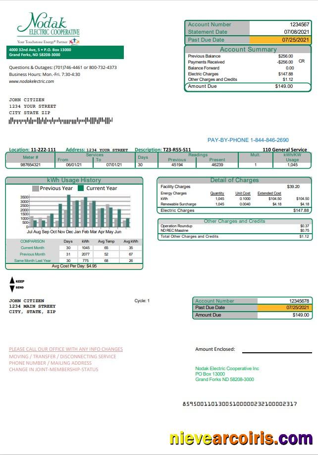 USA North Dakota Nodak Electric Cooperative utility bill